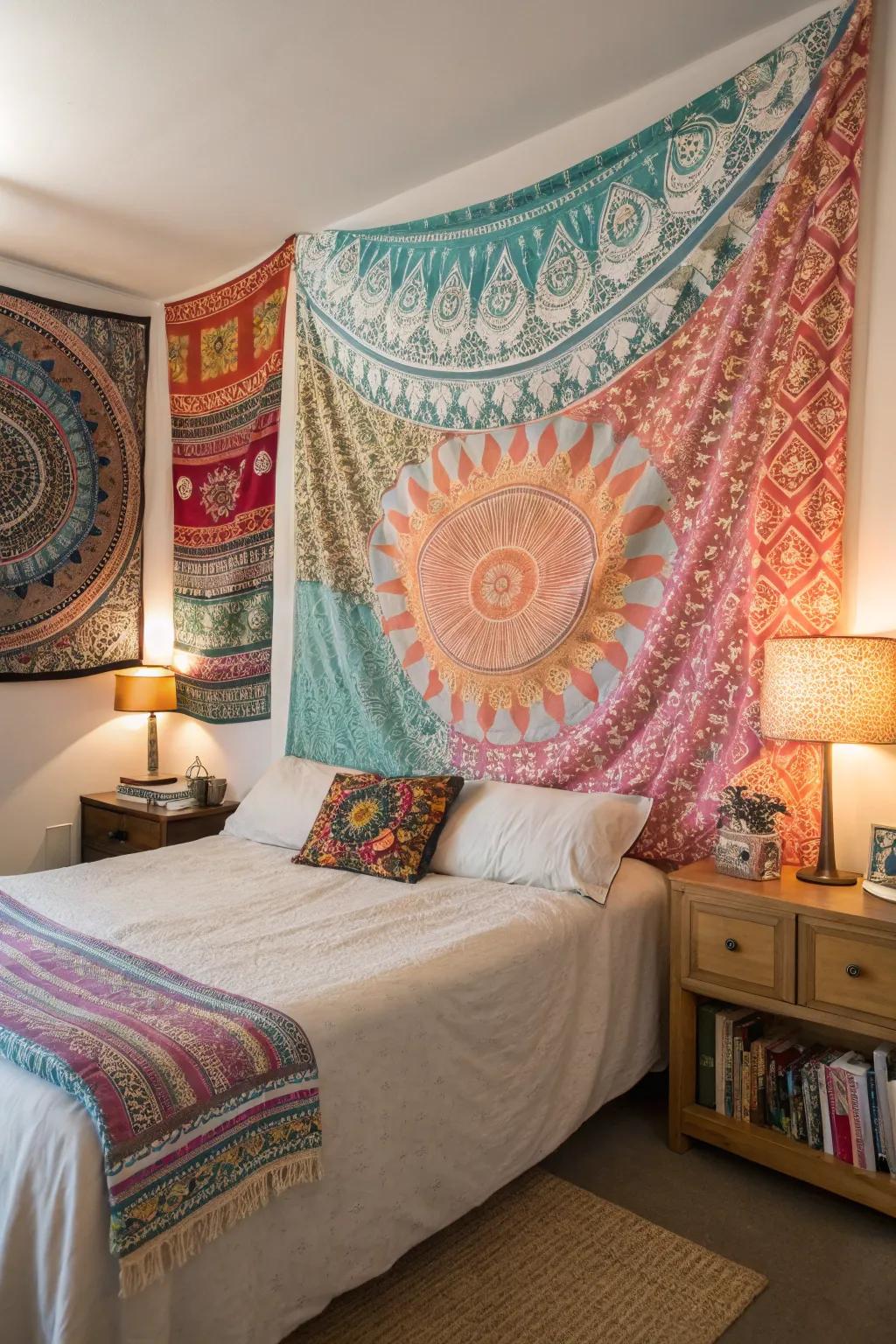 Stacked decorative fabrics bring color and warmth over the bed.