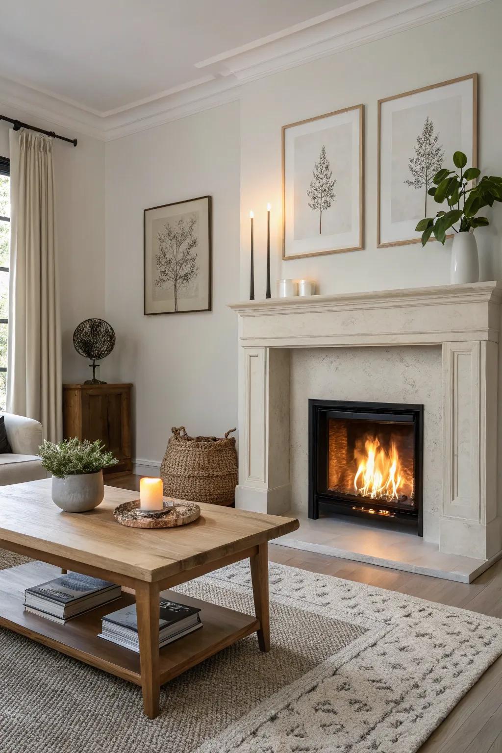 Minimalist decor cultivates a polished and contemporary appearance above the fireplace.