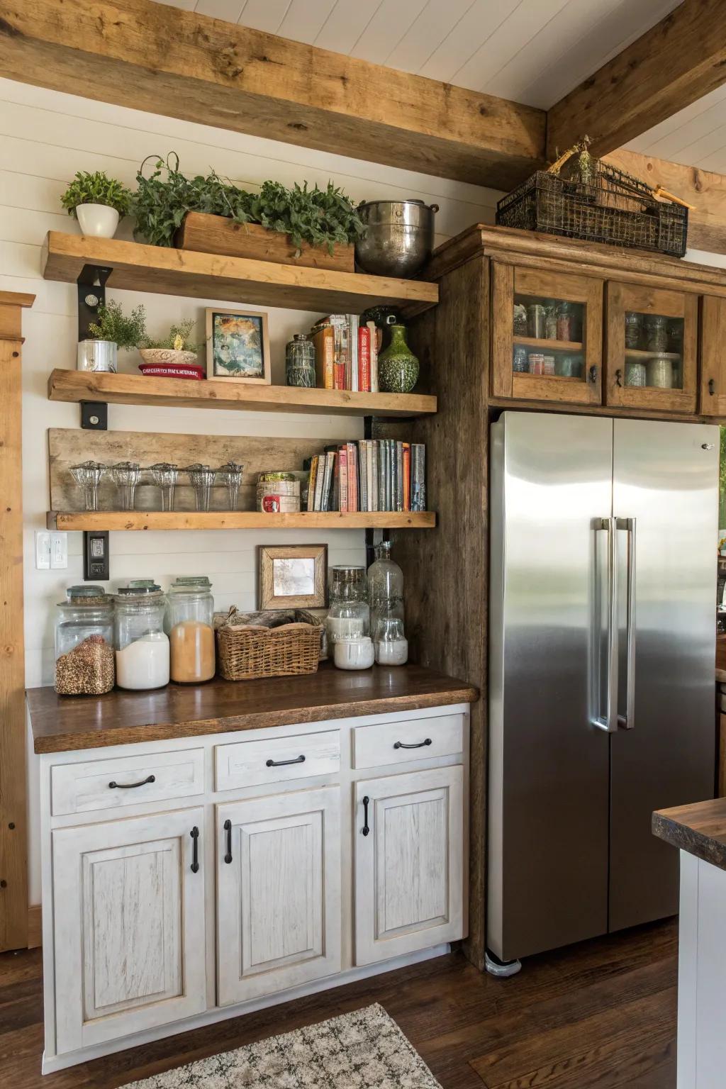 Farmhouse shelves instill charm and use above the fridge.