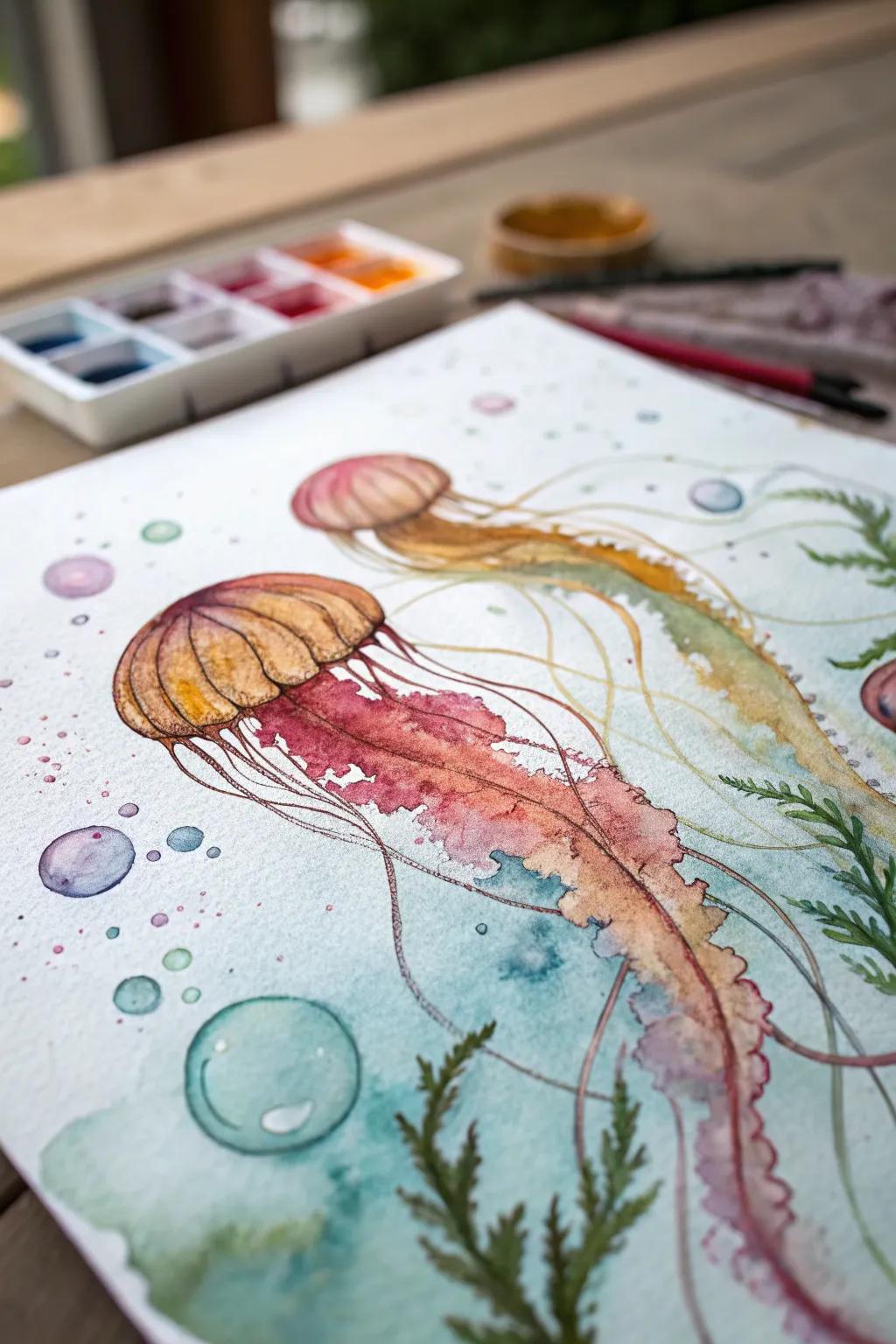 An abstract watercolor incorporating inherent shapes.