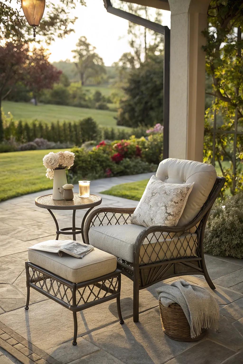 An indoor-style armchair provides a snug patio getaway.