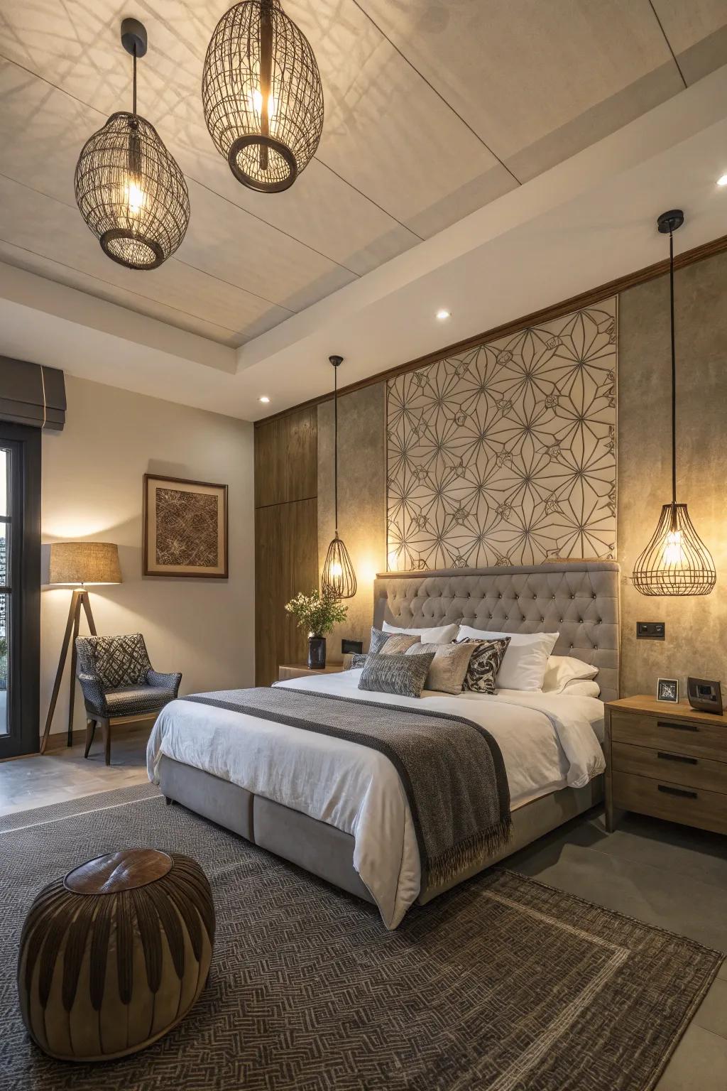 Hanging lights illuminate the accent wall, imparting warmth and focus to the bedroom.