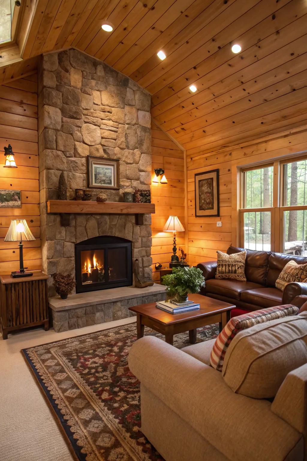 Rustic wood panels evoke warmth and charm.