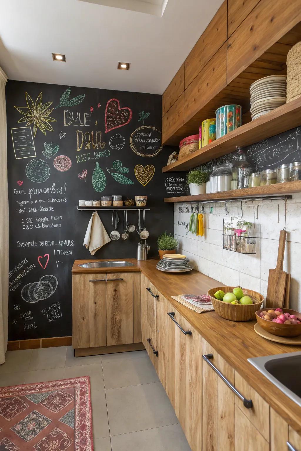 A culinary space featuring a slate surface accent wall for notes and innovation.