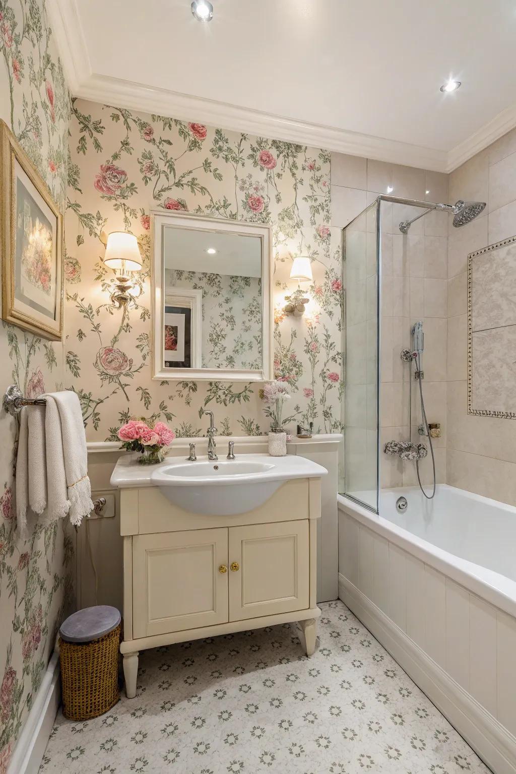 Aged wallpaper incorporates charm and individuality into any washroom.