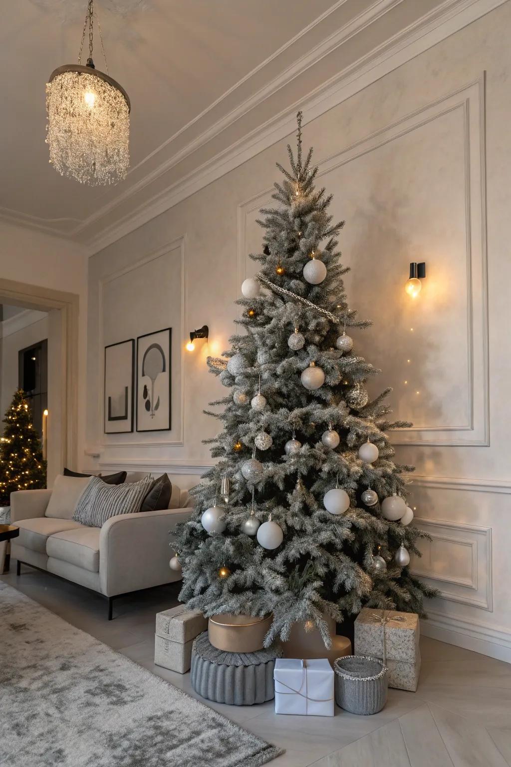 A fashionable and contemporary minimalist Christmas tree embellished with decorations of a single color.