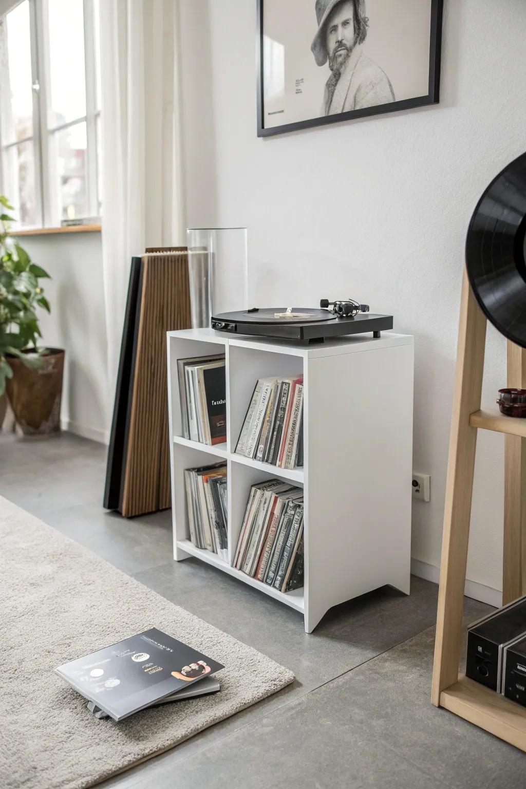 A vinyl record stand that integrates practicality and sophistication.