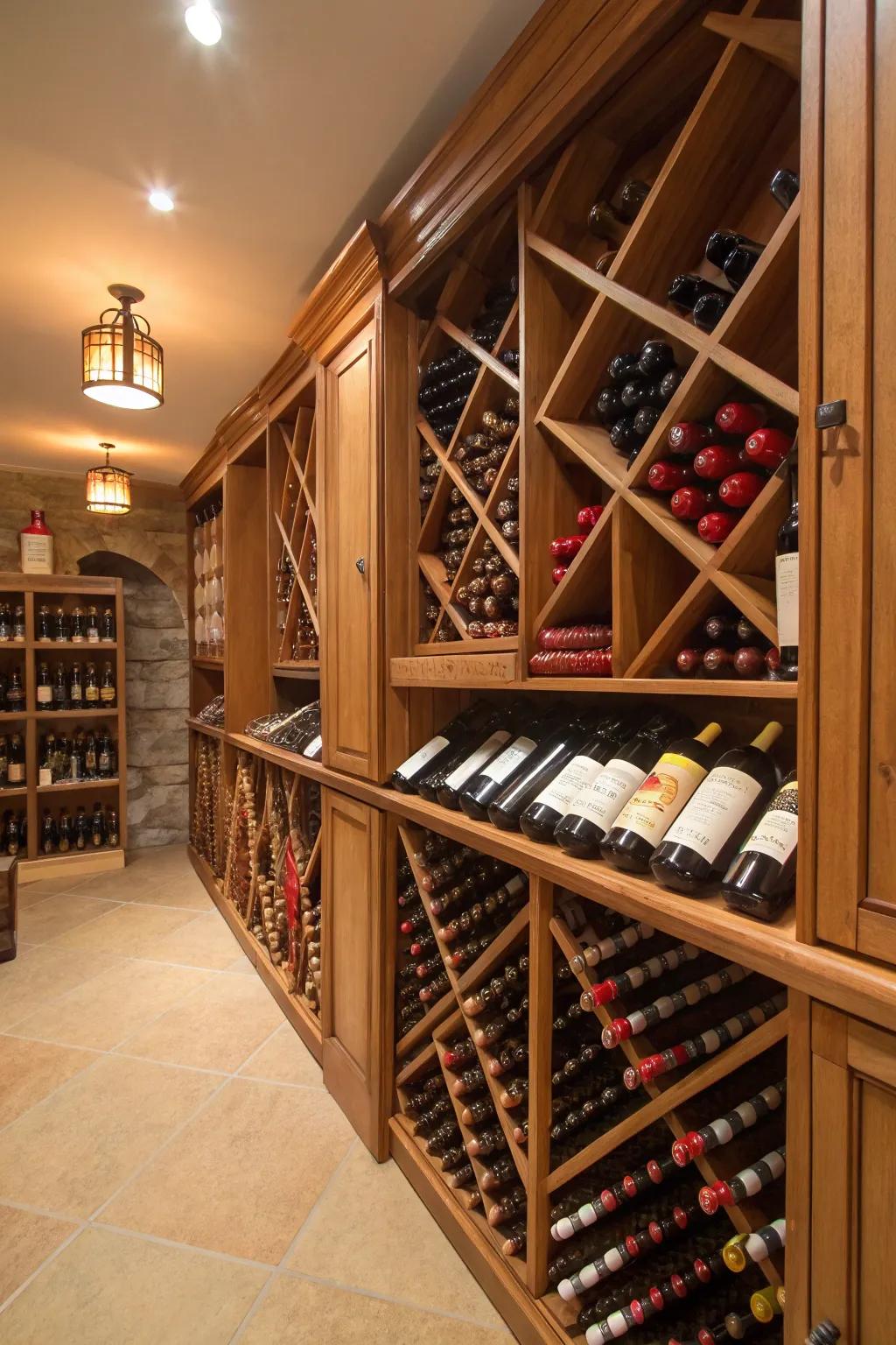 A beautiful wine cellar featuring wooden racks for climate-controlled and organized storage.