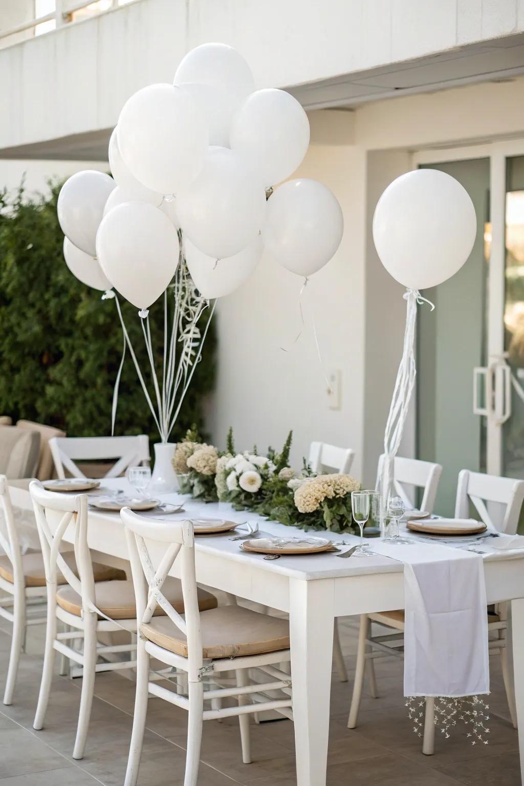 White balloons infuse a whimsical charm into the dinner party ambiance.