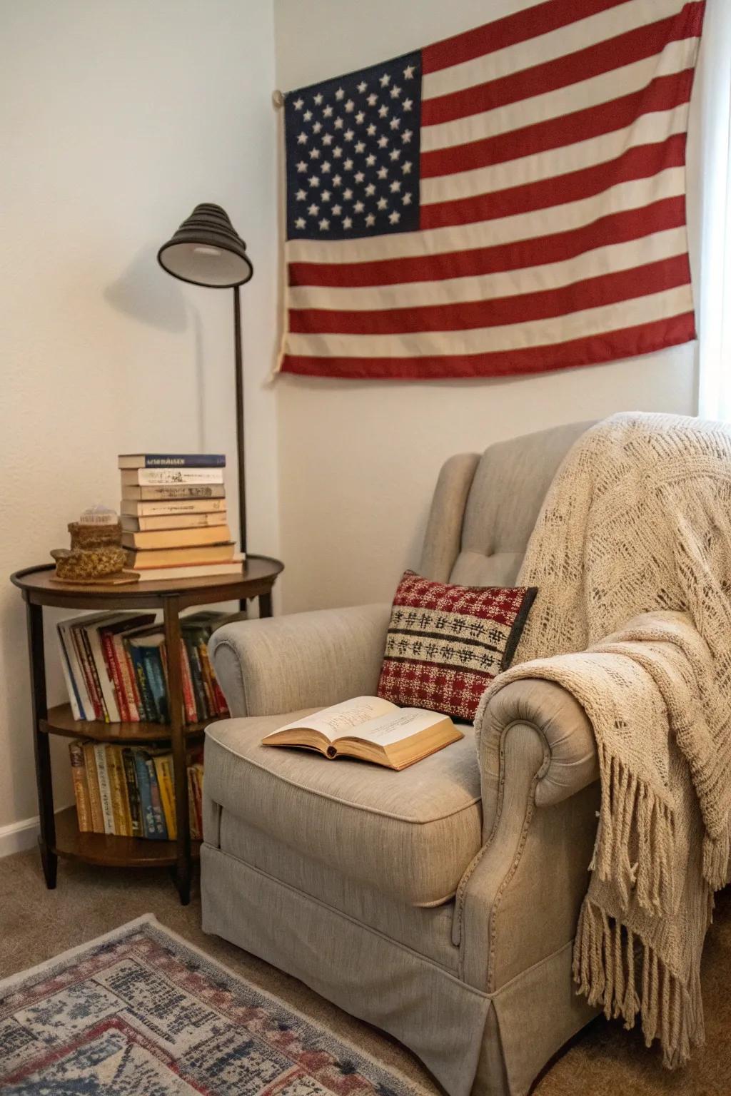 A cozy reading haven, made even more inviting with a banner accent.