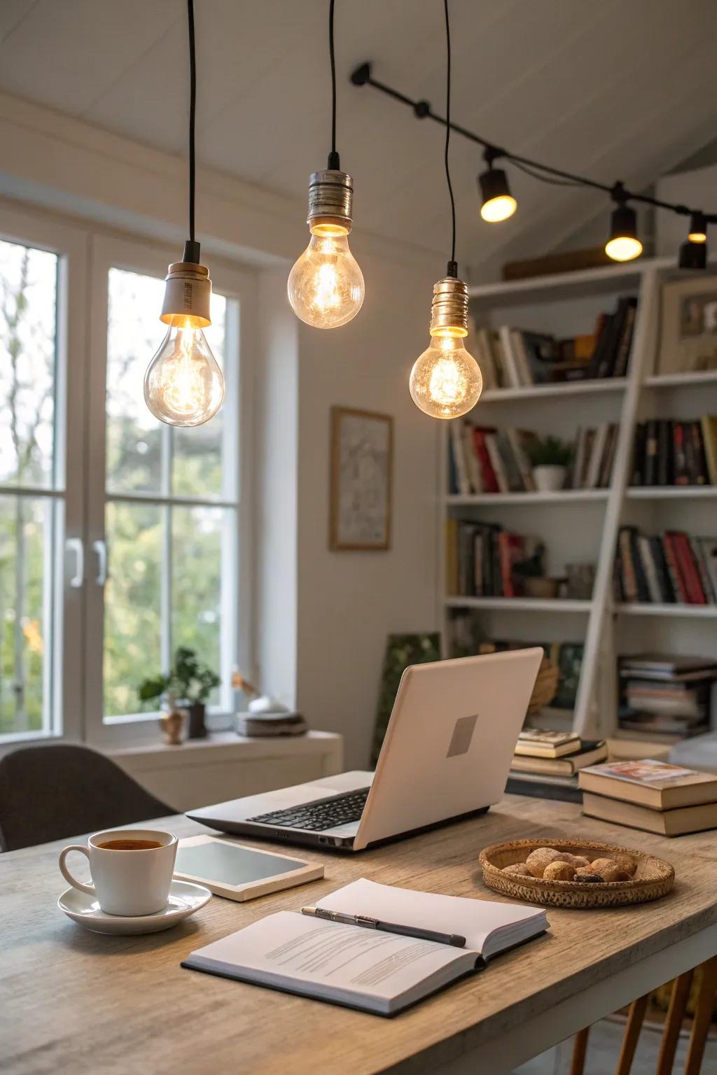A home office illuminated with smart bulbs for customizable lighting.