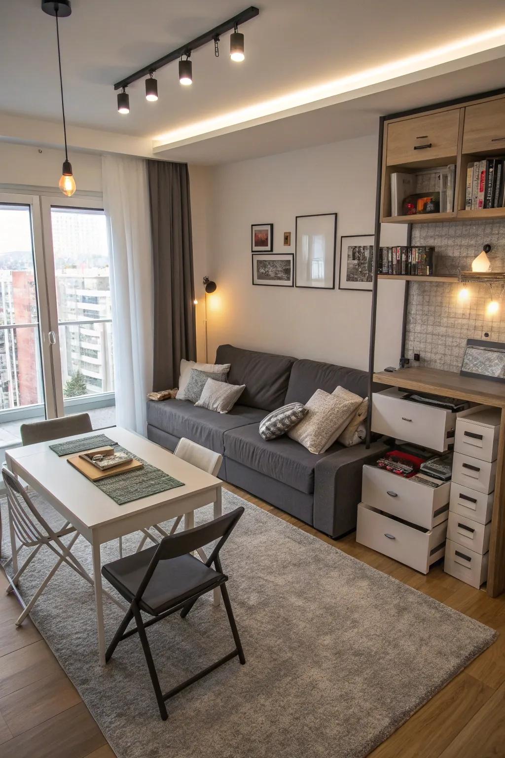 Astute utilization of space through multi-functional furniture within a compact living area.