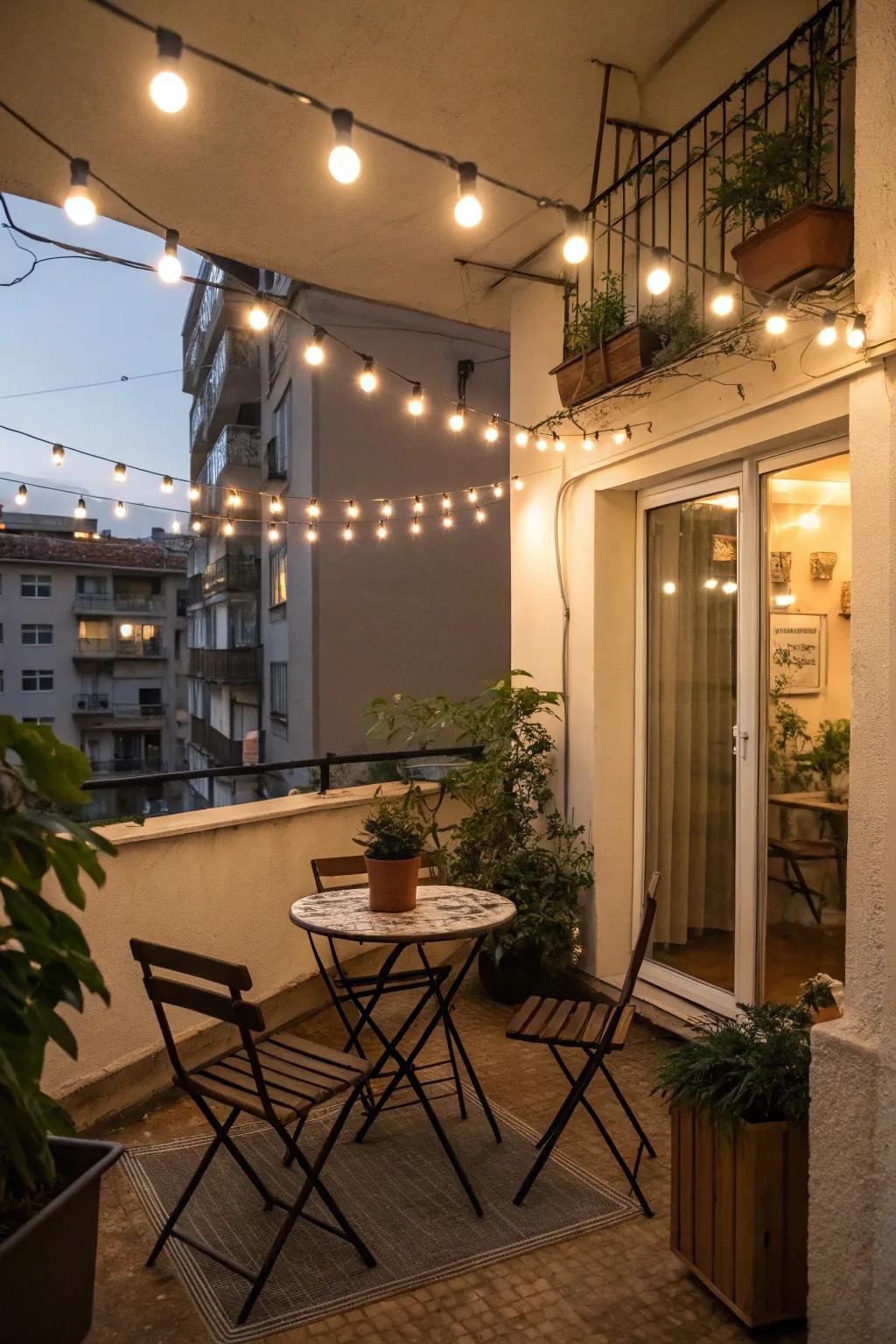 String lights conjure a magical evening setting.