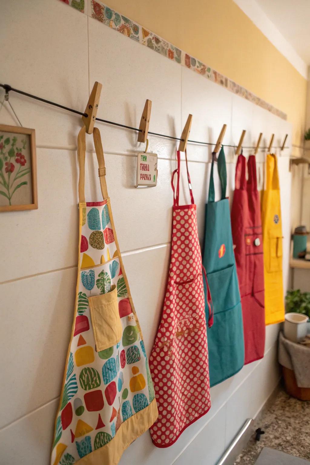 A vivid drying line of aprons evokes nostalgia and charm.