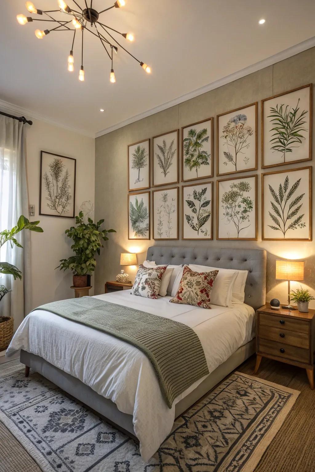 Natural world art presenting plant-based prints brings a refreshing and soothing atmosphere to this bedroom.