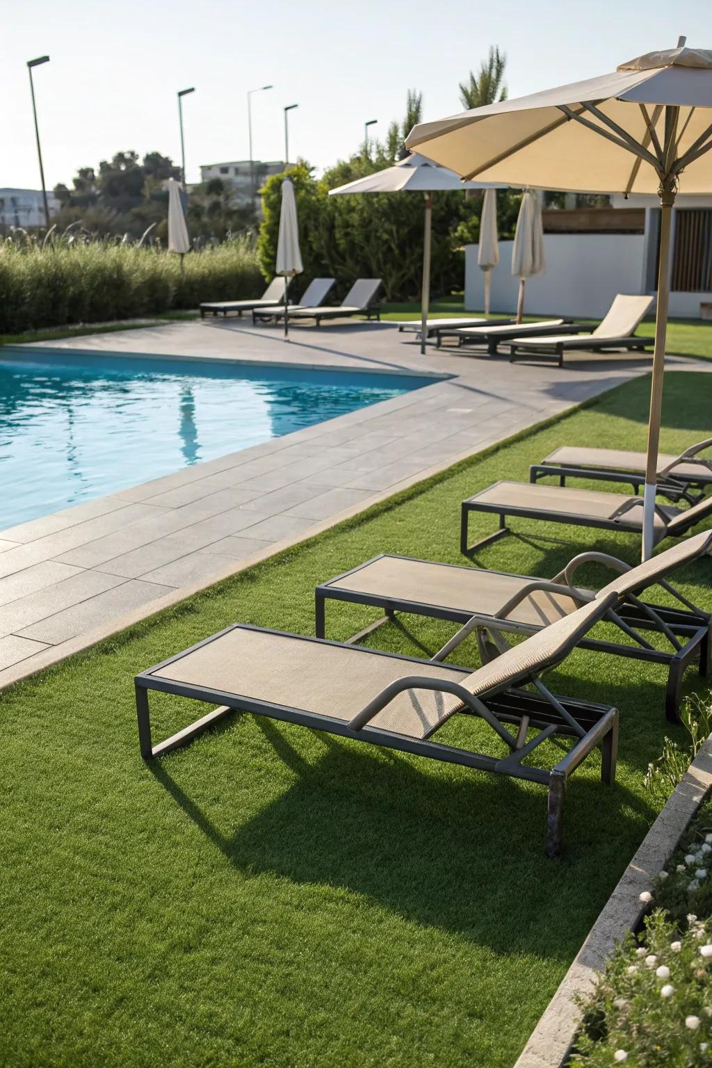 Make your swimming pool stylish and secure by using simulated turf.