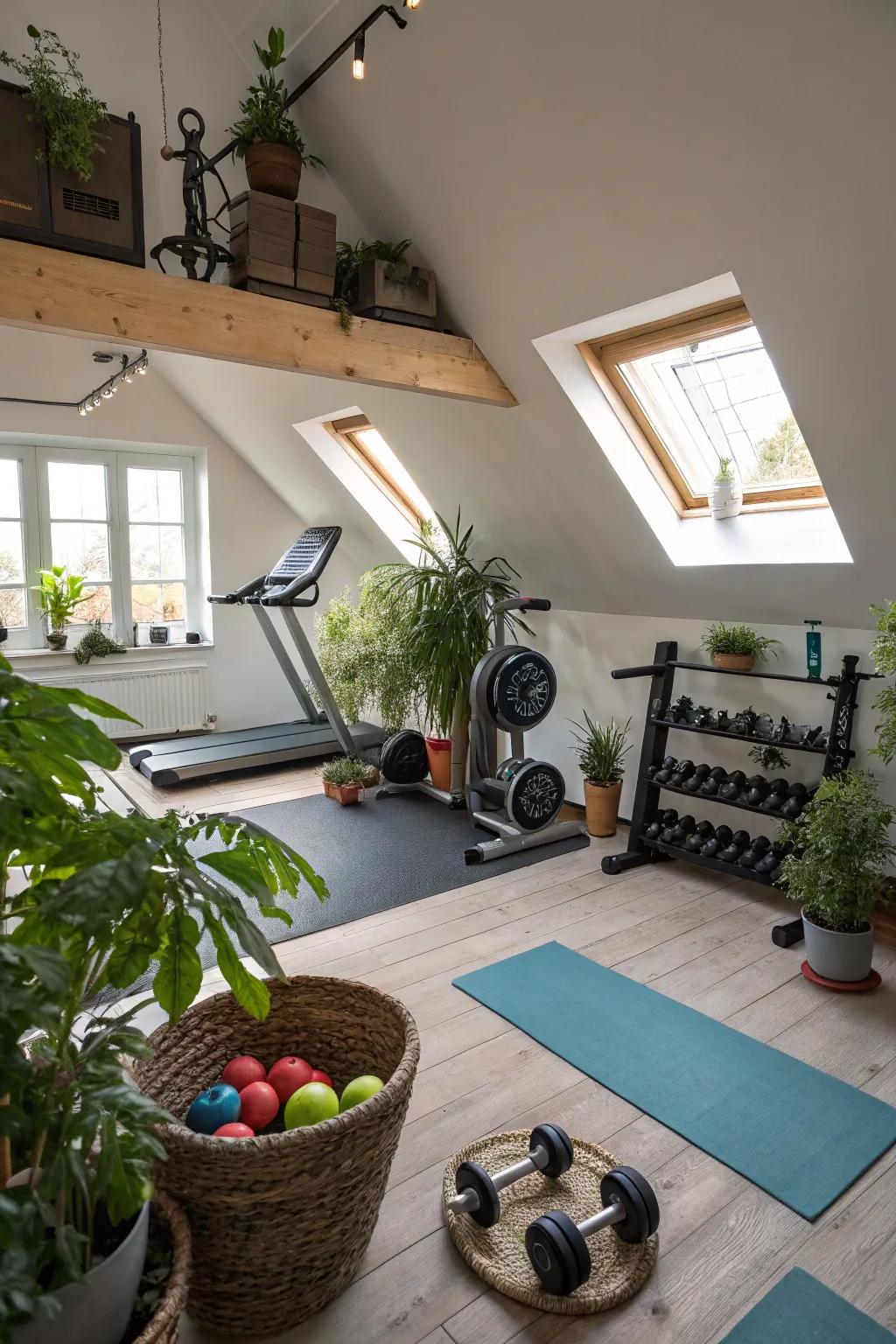 Greenery brings life and freshness to your attic gym.