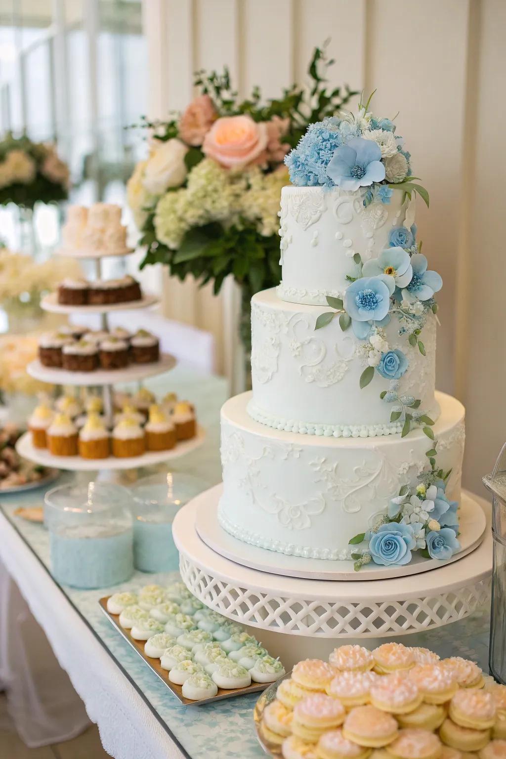 A wedding confection featuring azure particulars transforms into a spectacular showpiece.