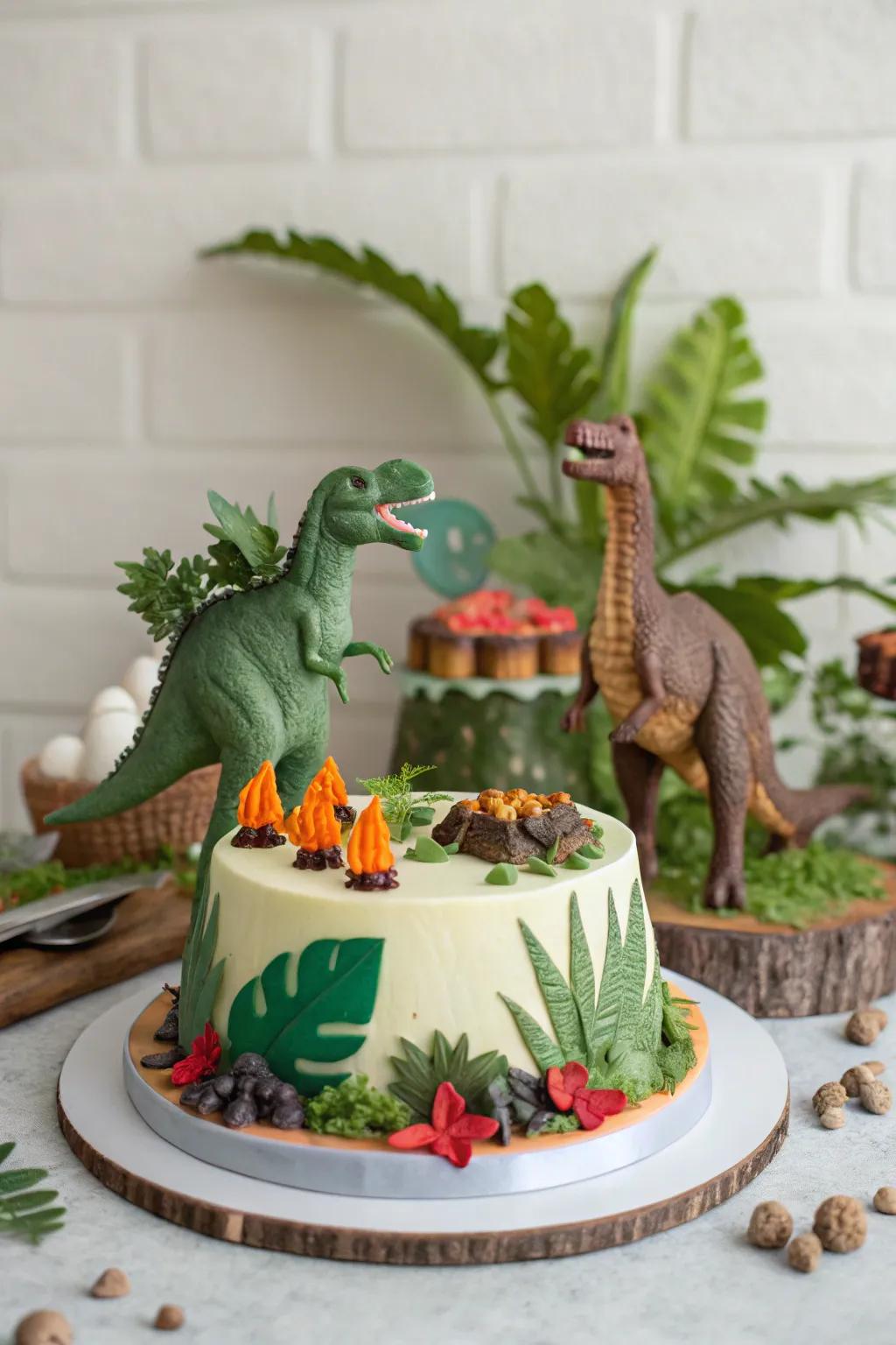 An ancient lizard-inspired cake that features fun ancient times decorations.
