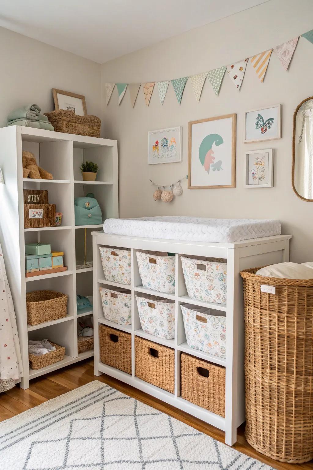 Elegant storage solutions maintain the nursery's organized and neat look.
