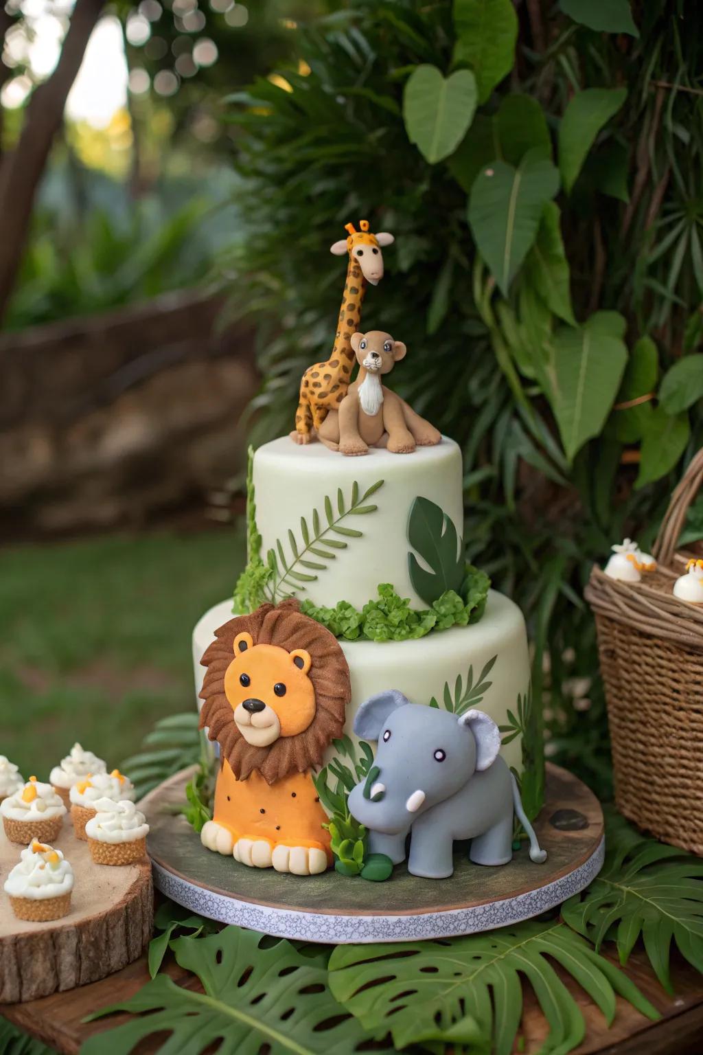 A jungle-styled cake using playful animals for a baby boy shower.