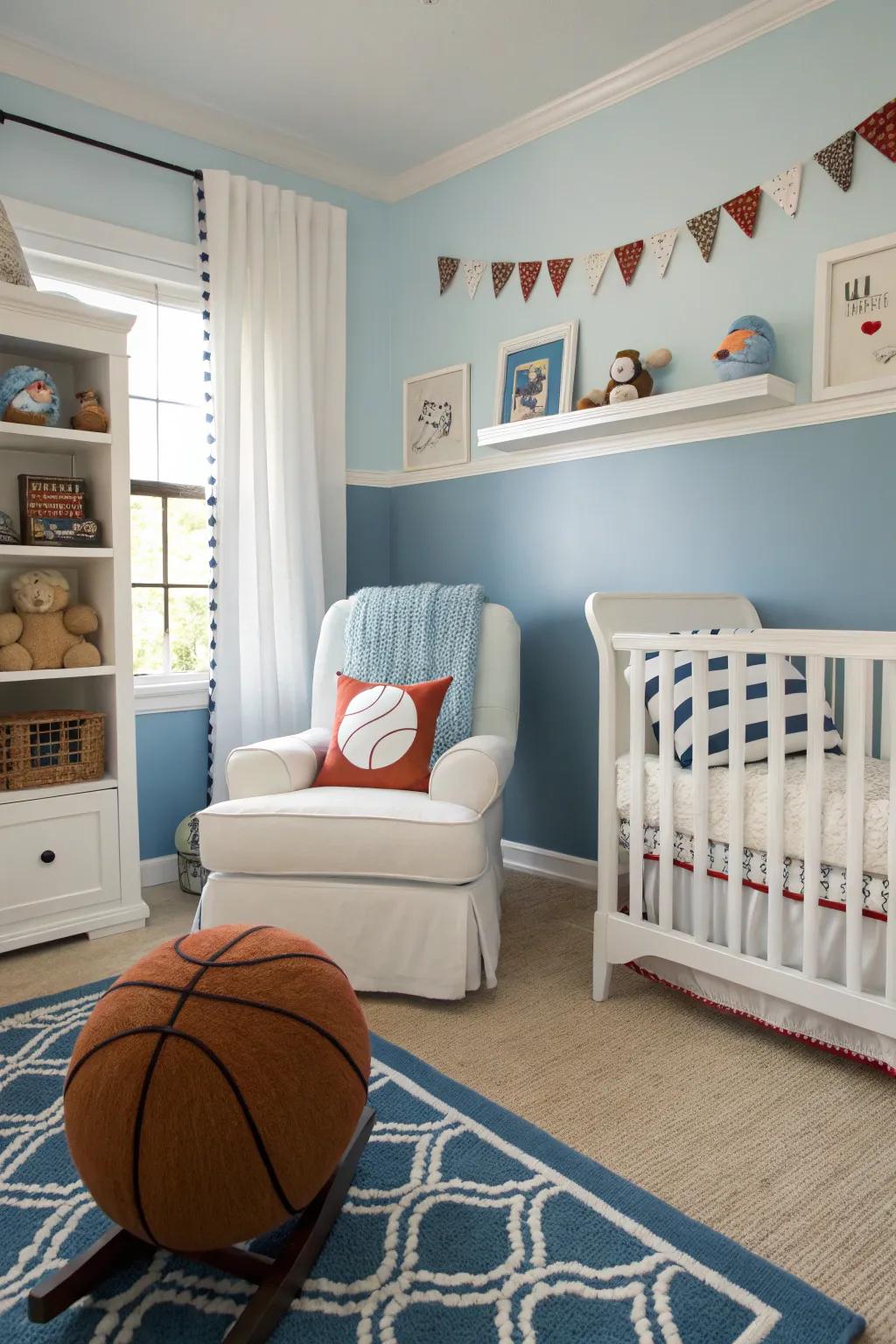 A calming color scheme with athletic highlights creates a balanced nursery vibe.