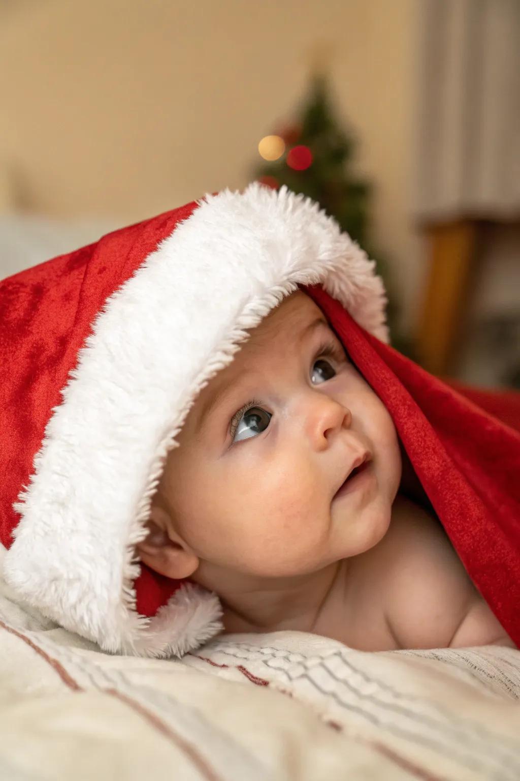 A playful peek-a-boo moment with a holiday cap.