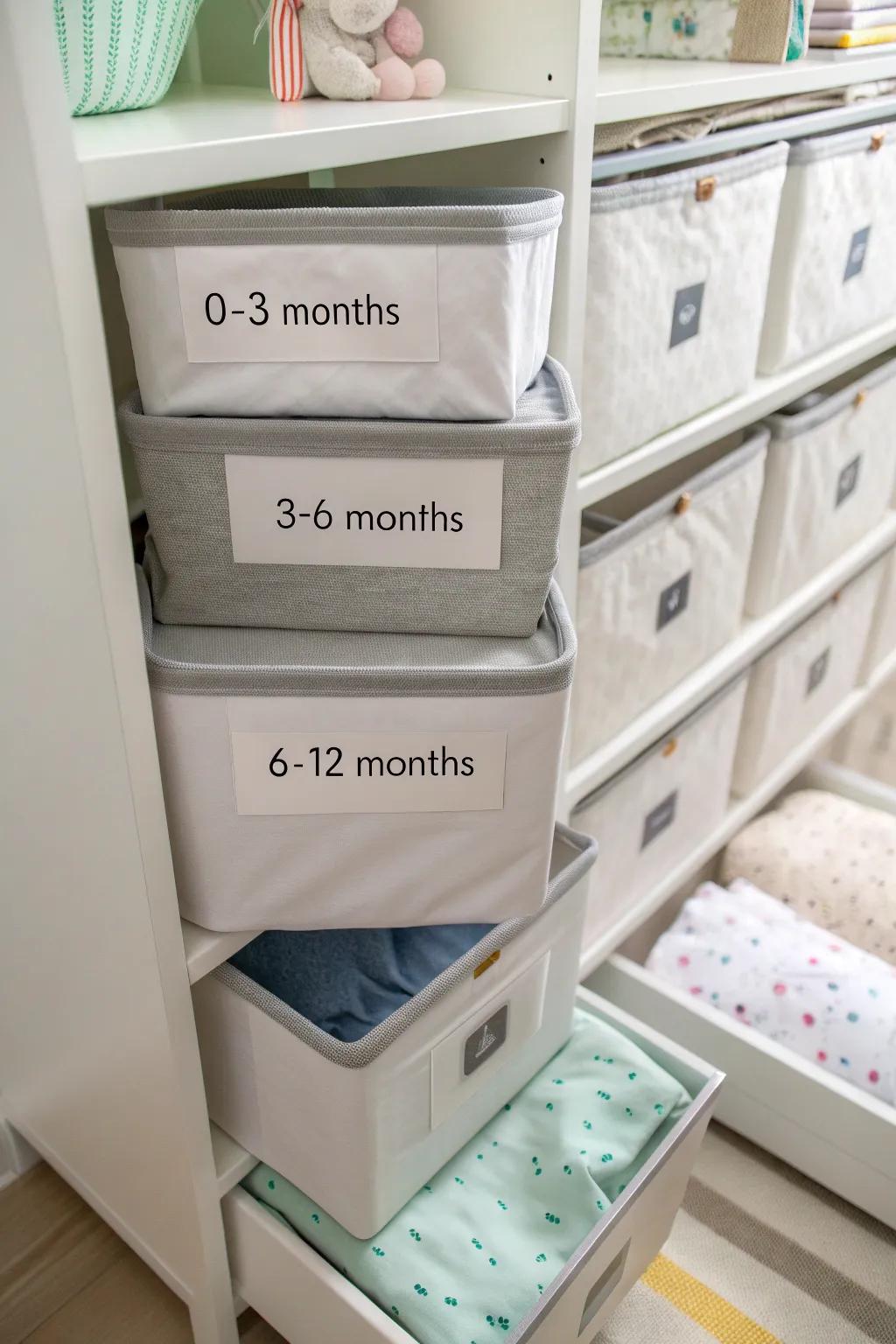 Labels provide clarity and organization in baby clothes storage.