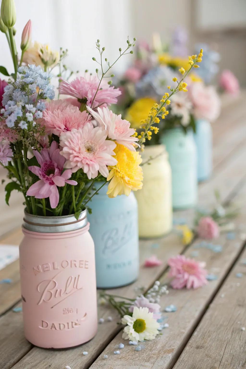 Charming canning jar centerpieces featuring fresh blossoms.