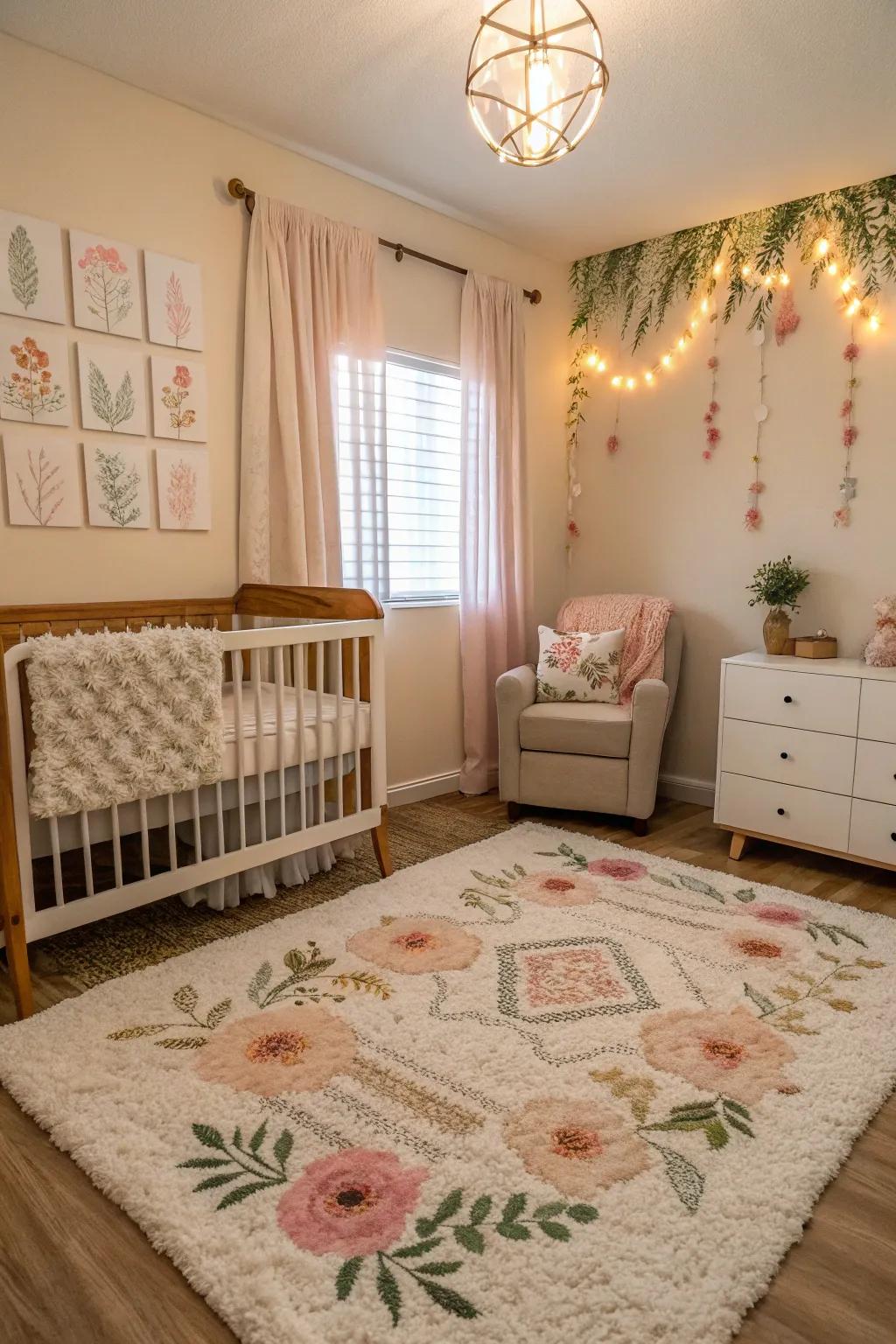 A textured floor covering provides comfort and warmth in the nursery.