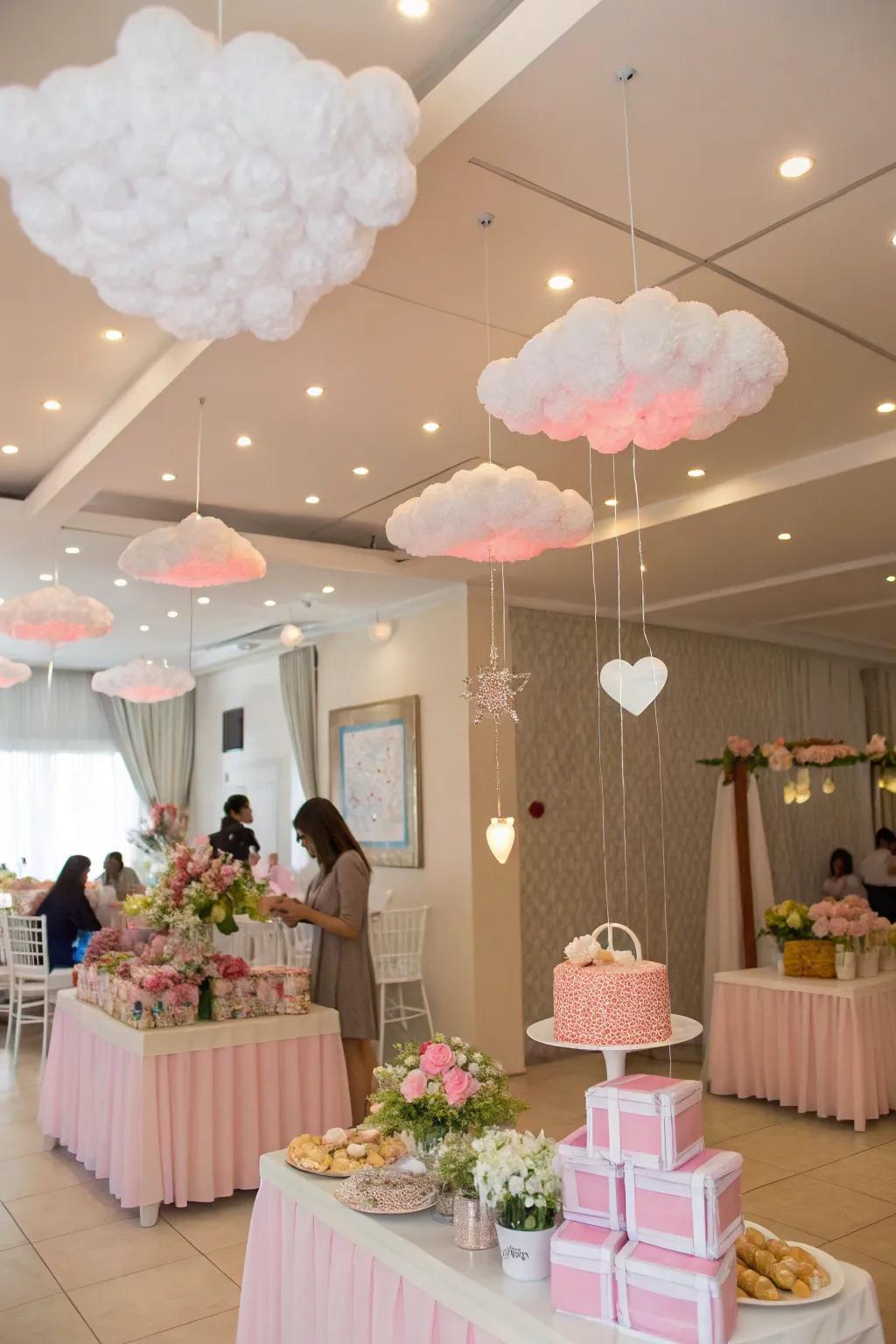 Fluffy vapor decorations suspended from the ceiling produce a dreamy ambiance.