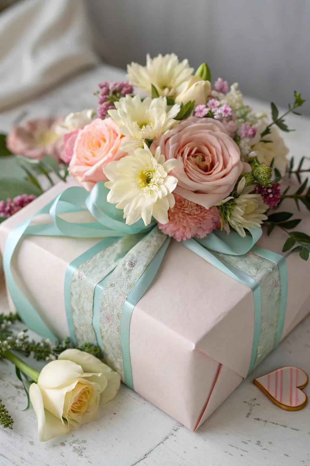 A present elegantly embellished with a blossom arrangement, tailored for a baby shower.