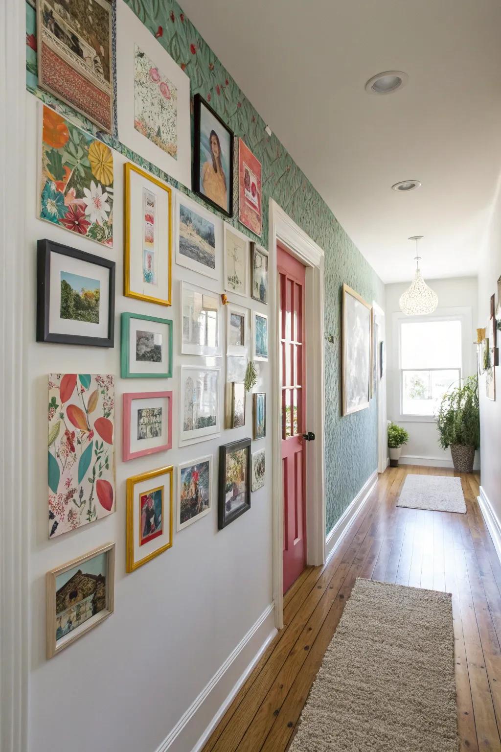 A hallway with a DIY art wall featuring a mix of colors and textures.