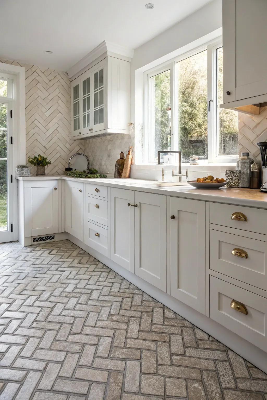 Weave arrangements impart a hint of refinement to this white kitchen.