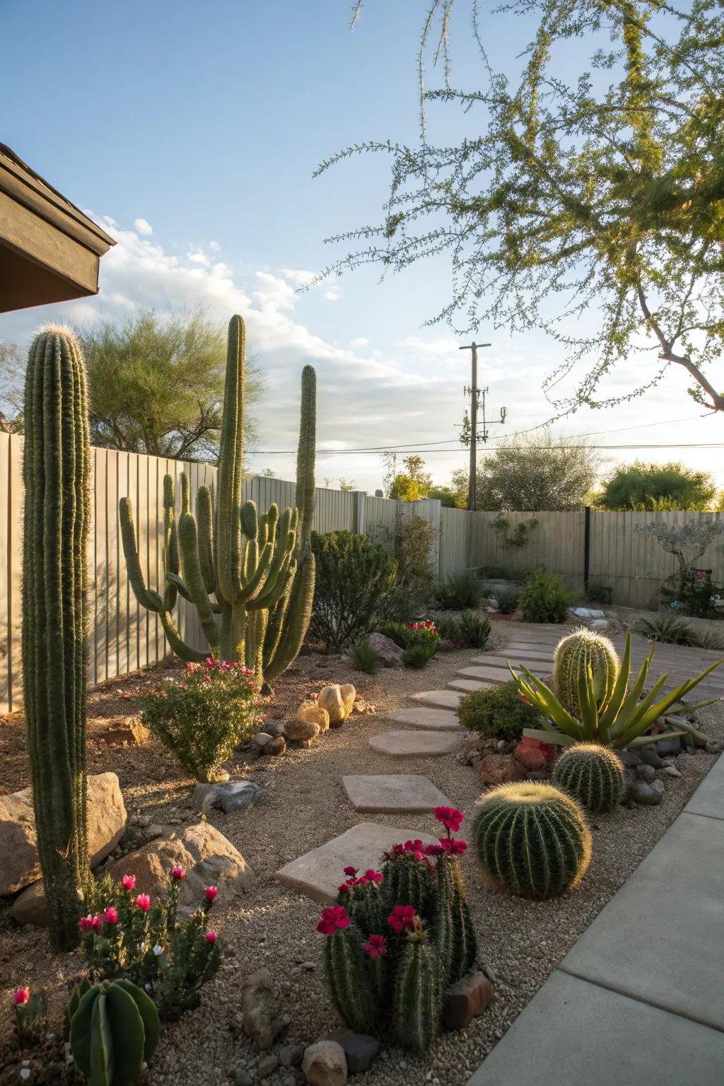 A naturally integrated cactus garden soaking up sunlight.