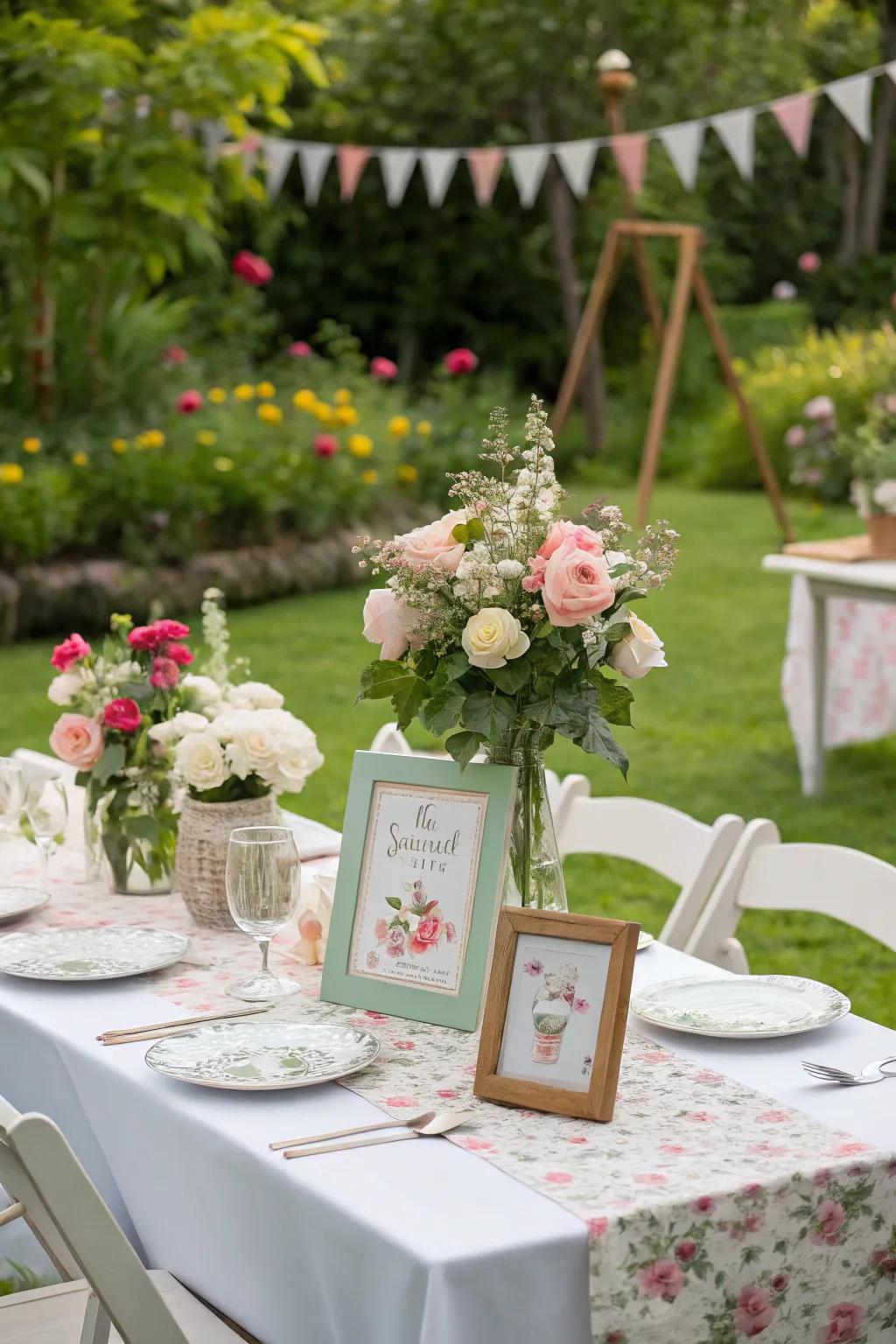 Themed central pieces contribute an individual feel to the garden party aesthetic.