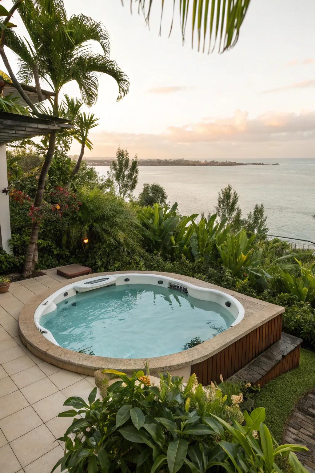 An elevated hydro-massage tub introduces extravagance and intrigue to the pool layout.
