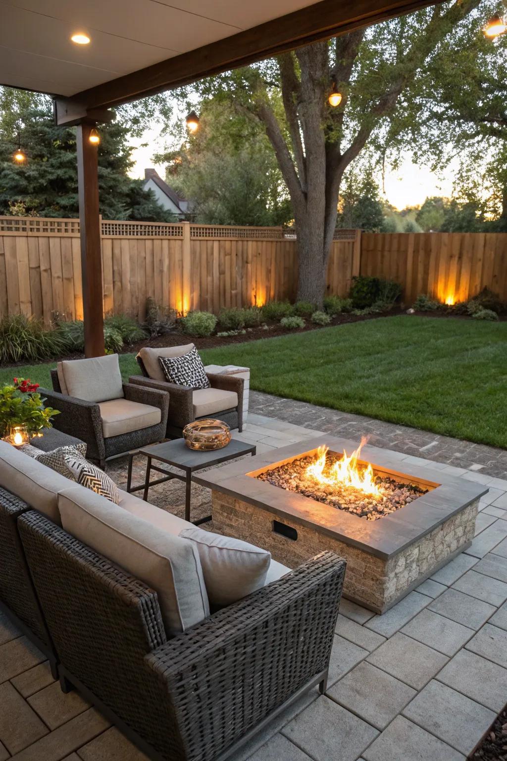 A fire pit forms a warm and welcoming central point on a veranda.