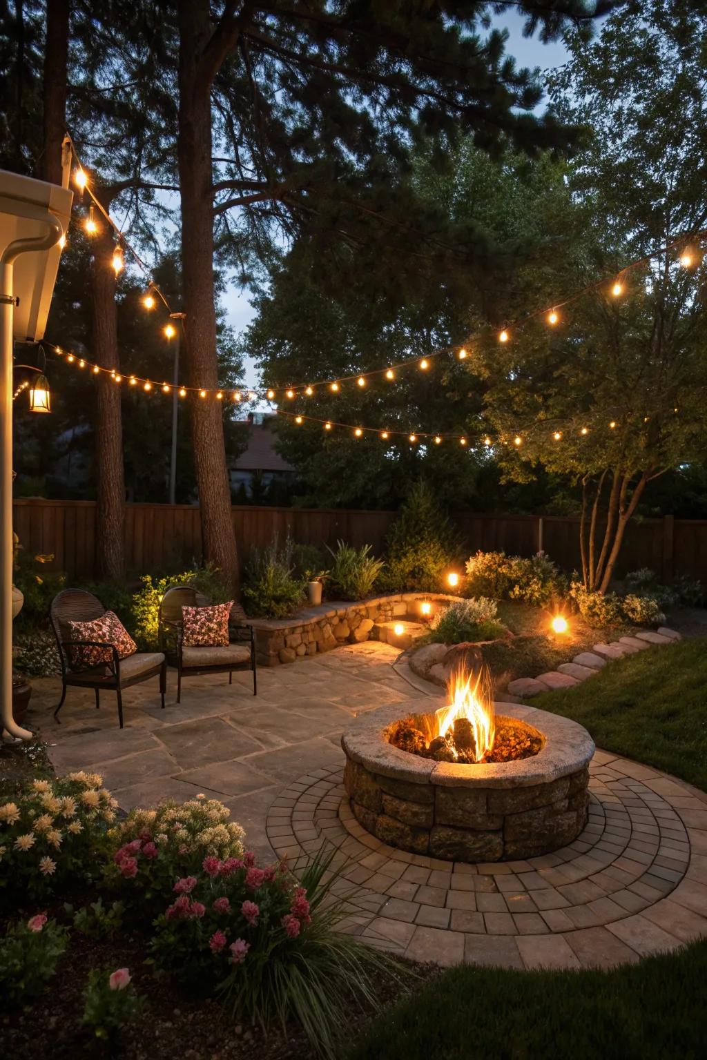 Illumination near a fire pit transforms it into the snug centerpiece of any celebration.