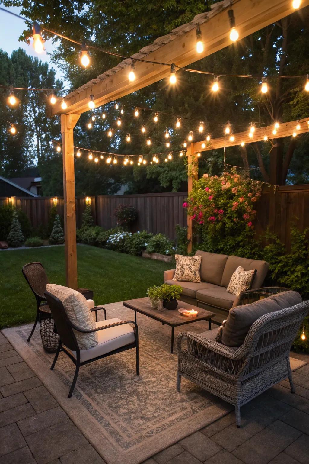 Twinkling festoon lights create a magical evening glow.