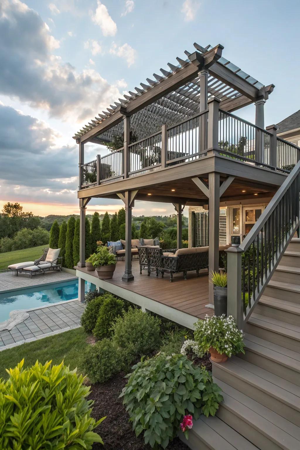 Tiered decking with a pergola amplifies poolside appeal.