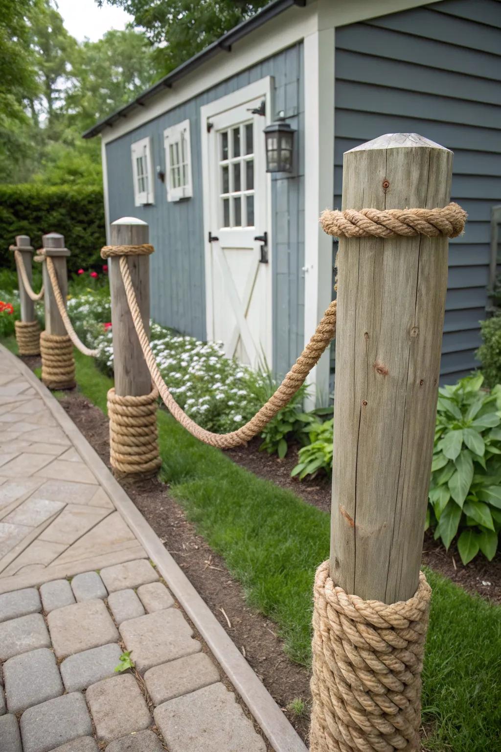 Attain a countryside aesthetic with twine-wrapped posts in your backyard.
