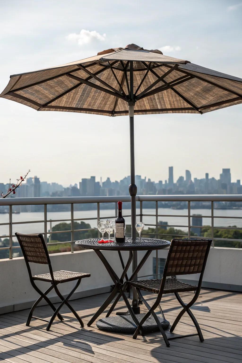 A large parasol offering shade over a balcony dining set.