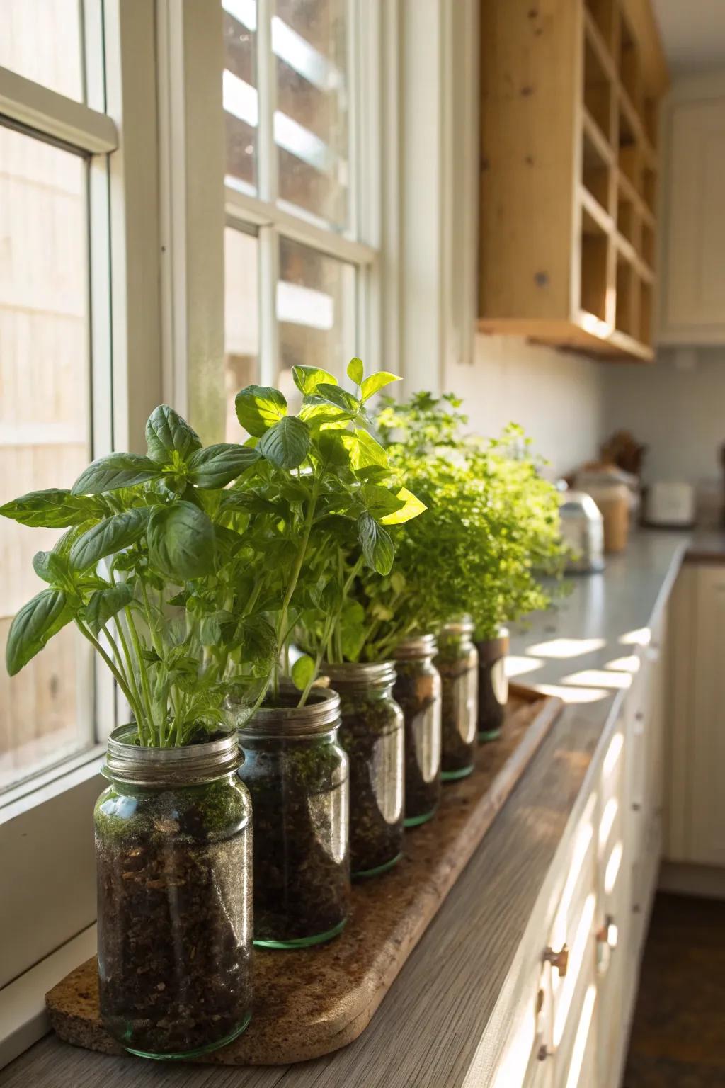 A mini herb garden housed in preserving containers keeps fresh flavors readily available.