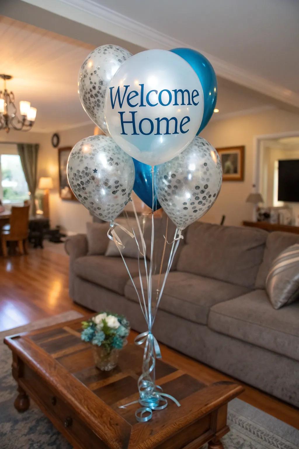 A personalized 'Welcome Home' sphere arrangement makes a grand declaration.