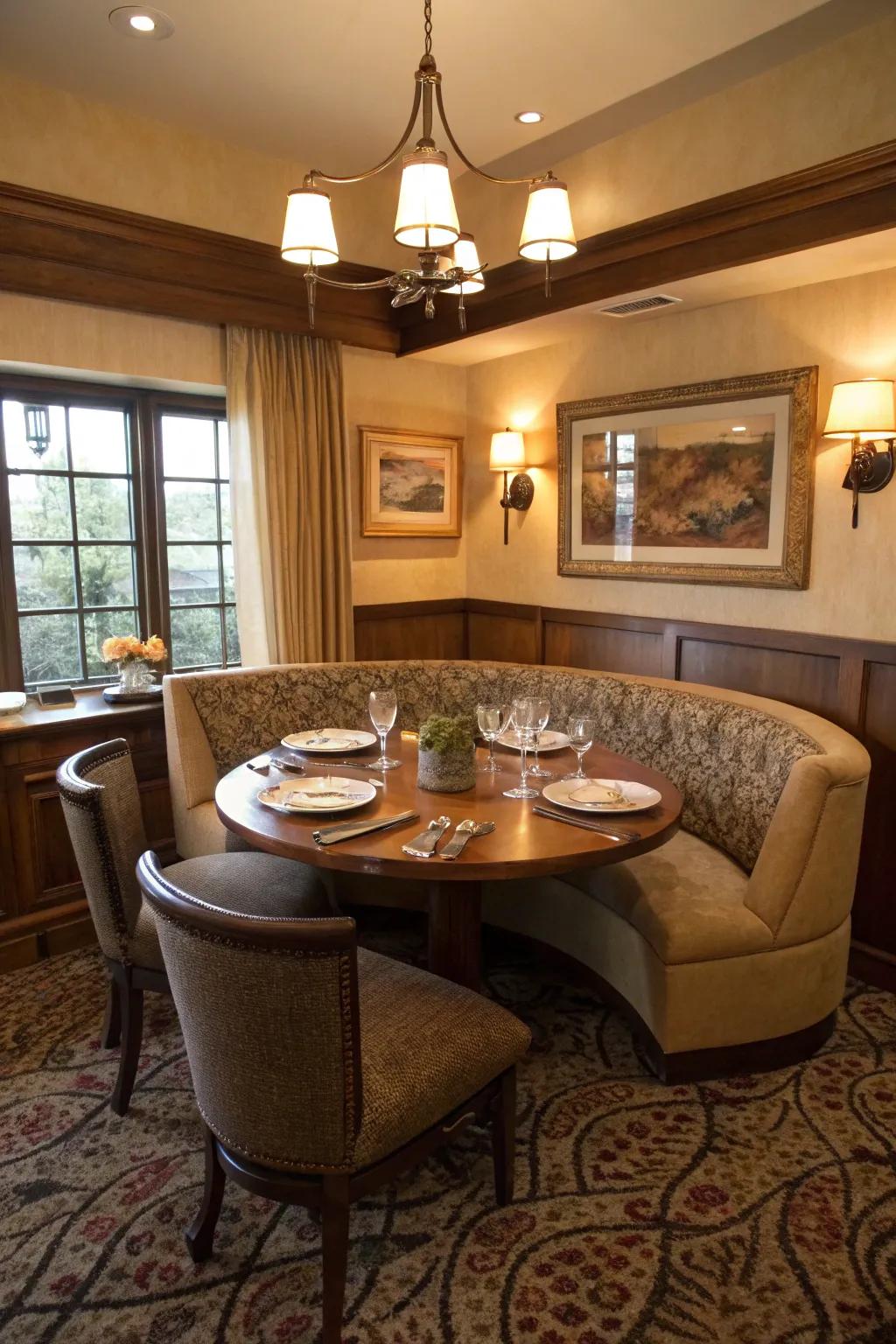 A cozy dining area featuring circular banquette seating for intimate get-togethers.