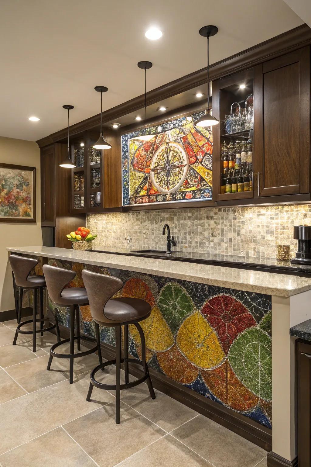A home bar showcasing an inventive mosaic tile backsplash in assorted hues.