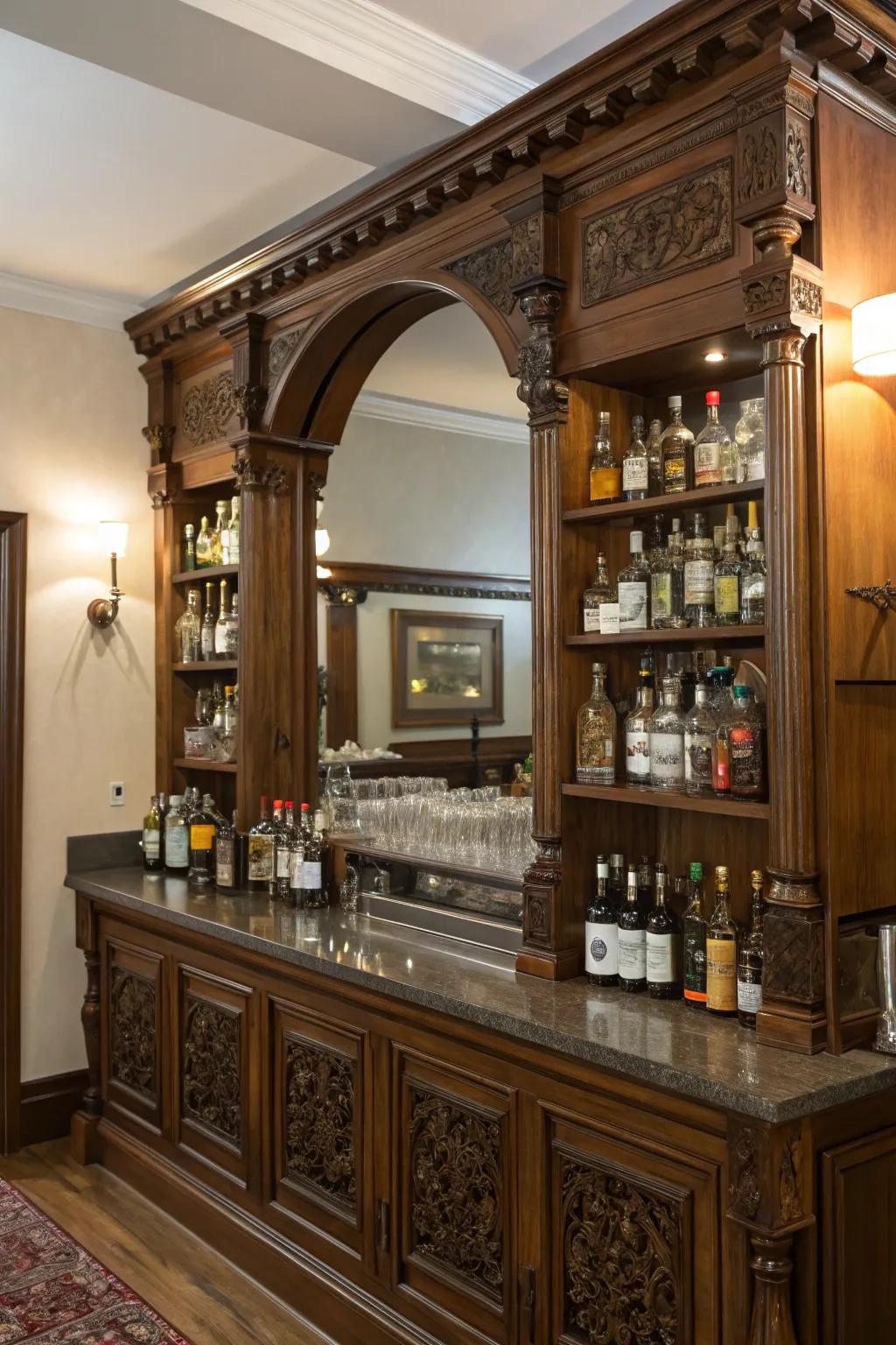Traditional elegance using rich wood finishes and mirrored shelves.