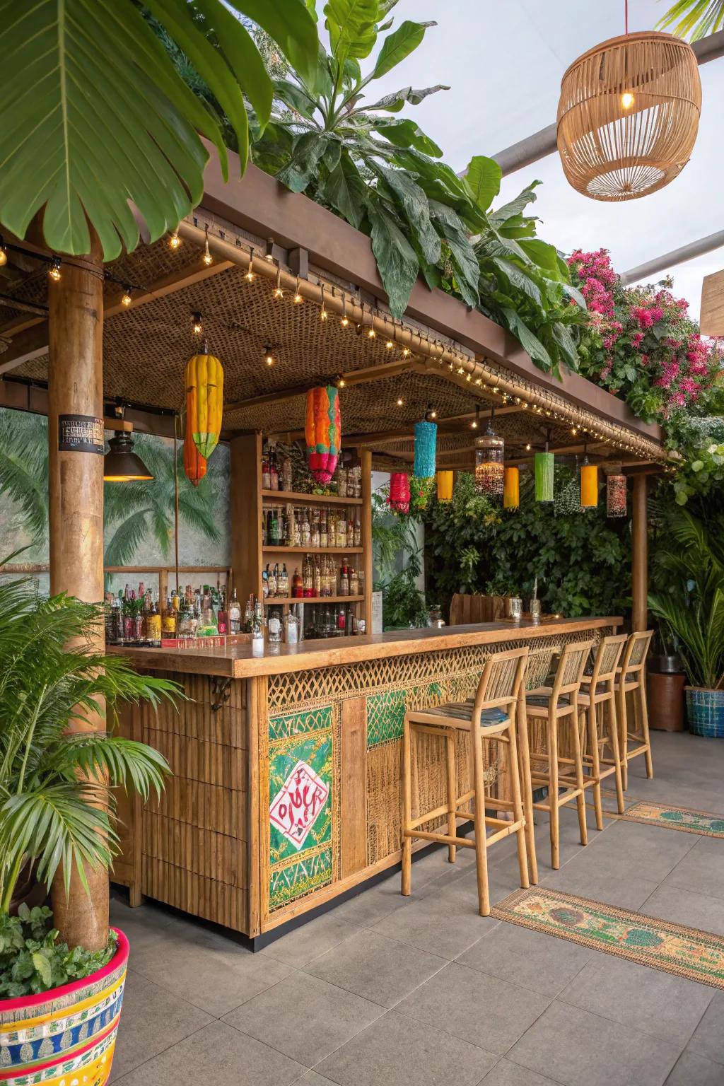 A Polynesian bar setup brings a tropical feel to your residence.