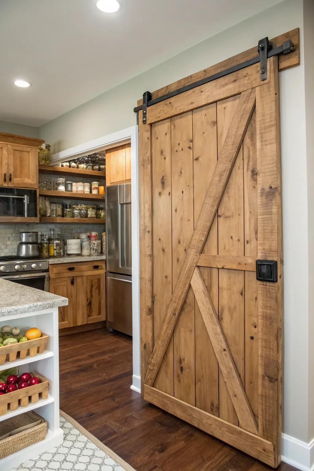 A kitchen featuring a DIY sliding barn door pantry, crafted from repurposed timber.